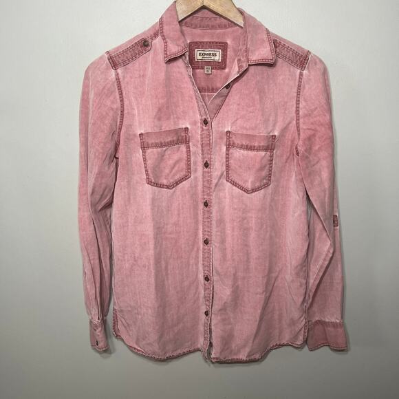 Express Shirt Button Up Boyfriend Pink Chambray Lyocell Denim Tabbed Sleeve XS - Picture 1 of 7